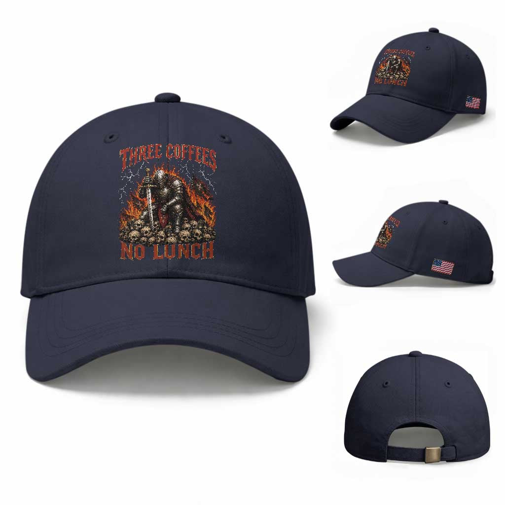 Three Coffees No Lunch Baseball Cap Funny Medieval Knight Coffee Lover