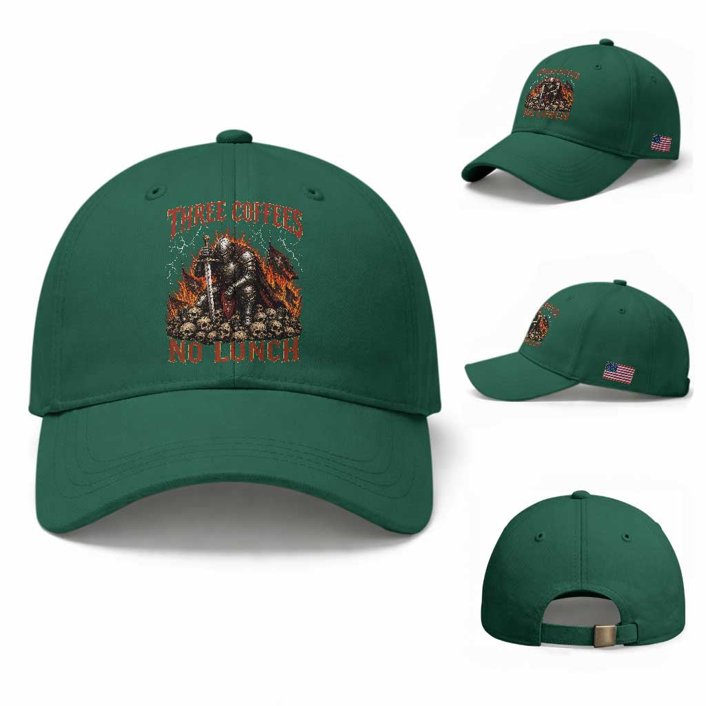 Three Coffees No Lunch Baseball Cap Funny Medieval Knight Coffee Lover