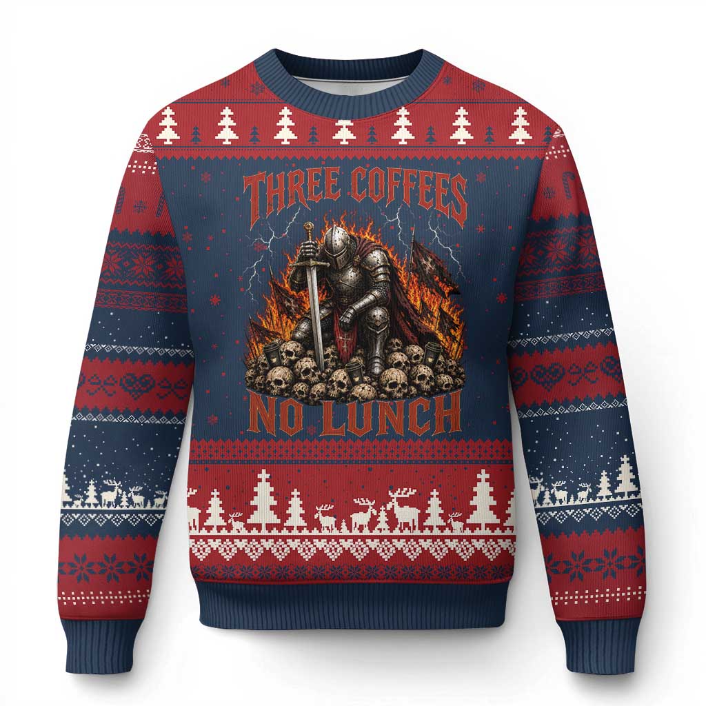 Three Coffees No Lunch Ugly Christmas Sweater Funny Medieval Knight Coffee Lover
