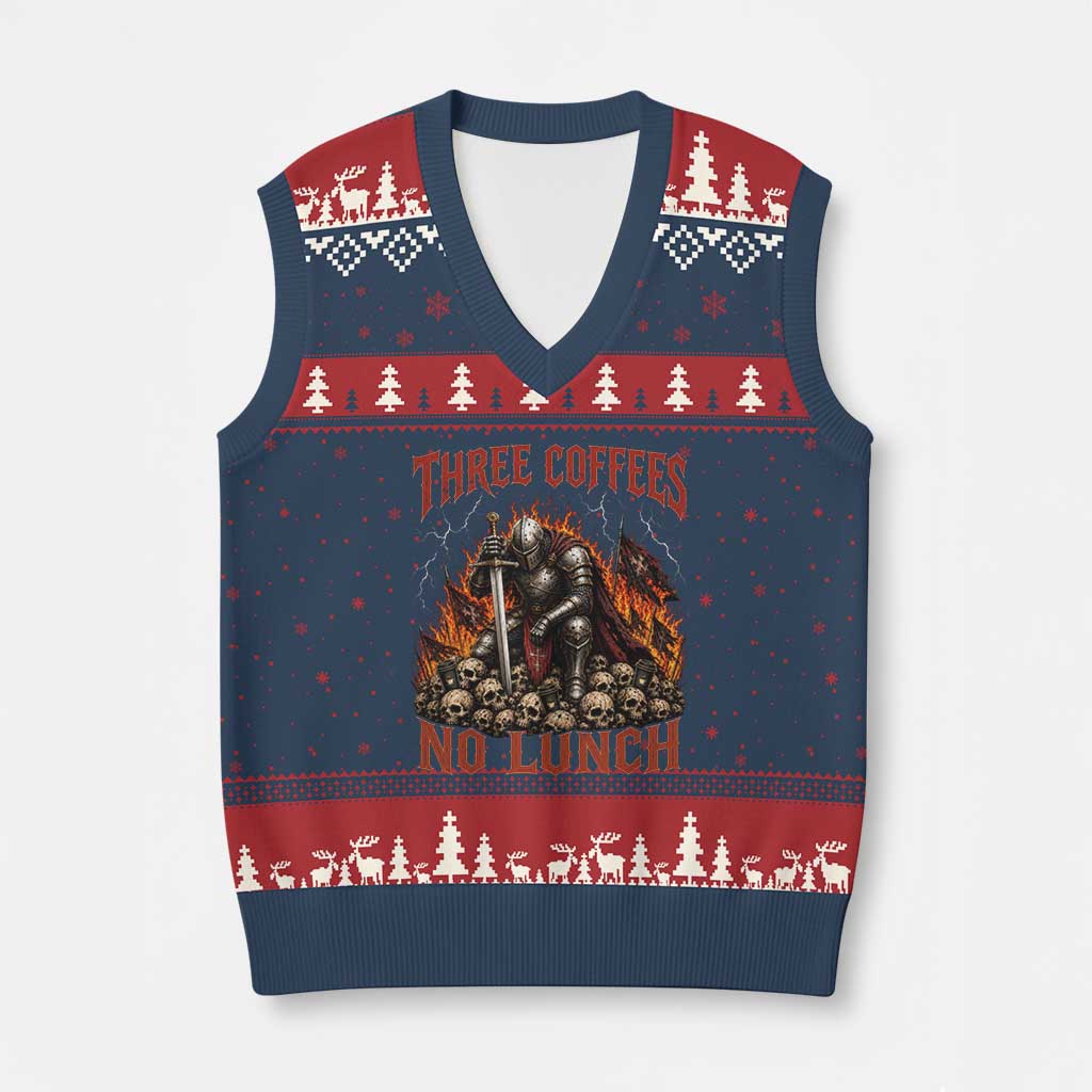 Three Coffees No Lunch V-Neck Knit Sweater Vest Funny Medieval Knight Coffee Lover