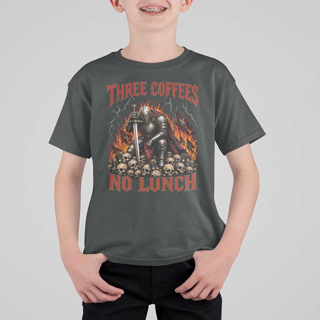 Three Coffees No Lunch T Shirt For Kid Funny Medieval Knight Coffee Lover