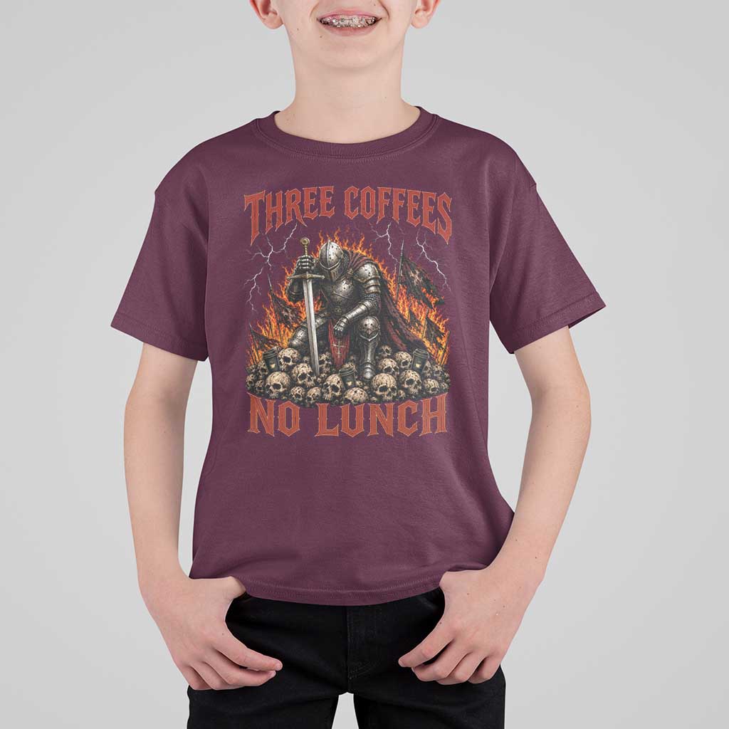 Three Coffees No Lunch T Shirt For Kid Funny Medieval Knight Coffee Lover