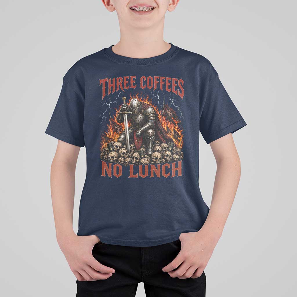 Three Coffees No Lunch T Shirt For Kid Funny Medieval Knight Coffee Lover