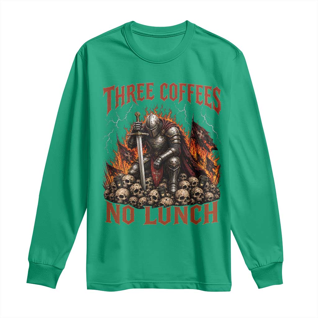 Three Coffees No Lunch Long Sleeve Shirt Funny Medieval Knight Coffee Lover