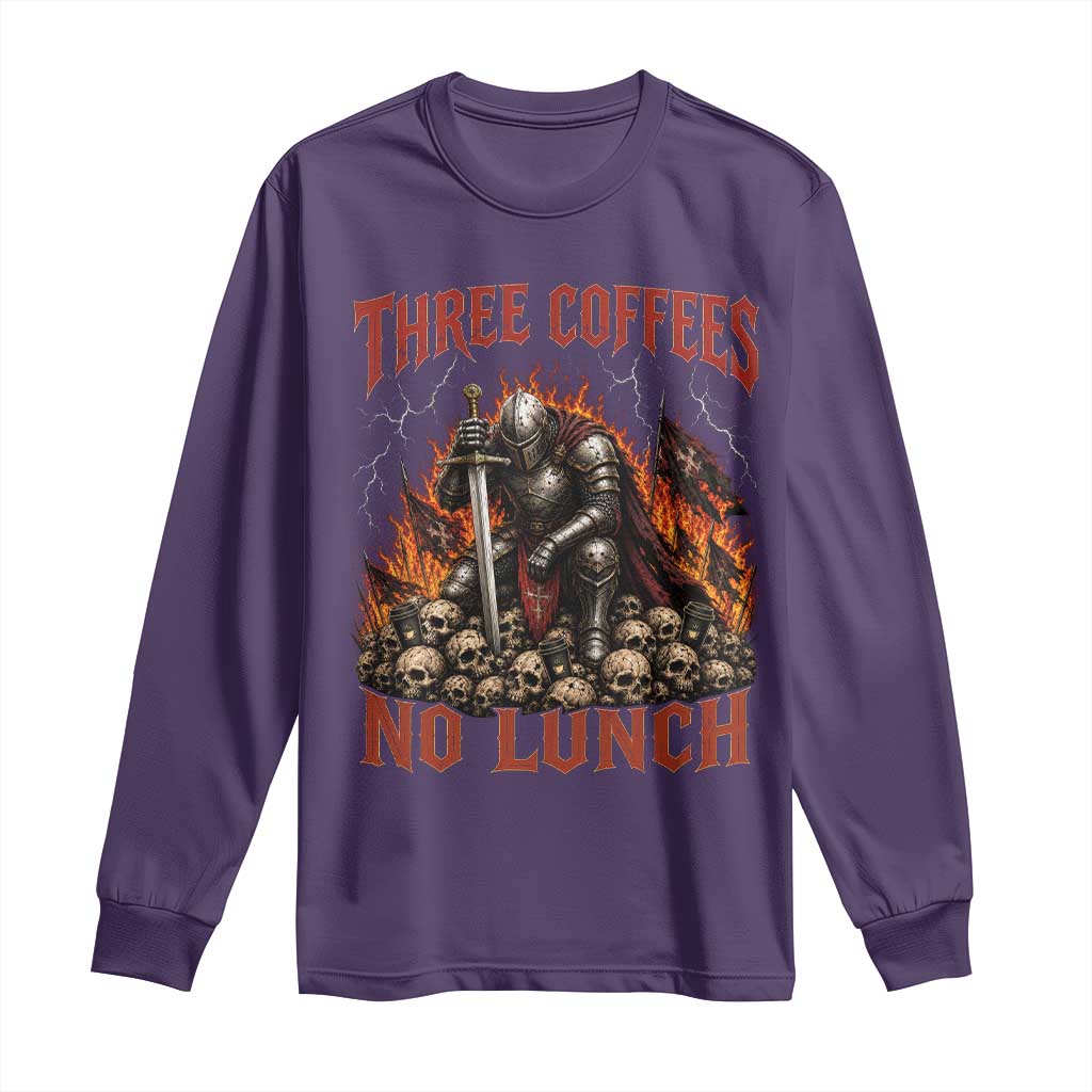 Three Coffees No Lunch Long Sleeve Shirt Funny Medieval Knight Coffee Lover