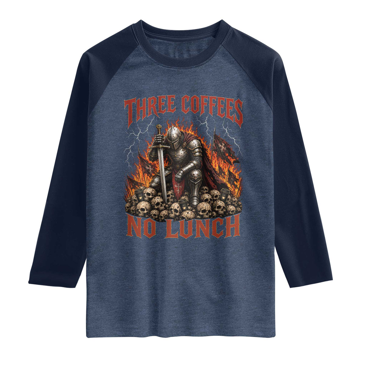 Three Coffees No Lunch Raglan Shirt Funny Medieval Knight Coffee Lover