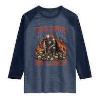 Three Coffees No Lunch Raglan Shirt Funny Medieval Knight Coffee Lover