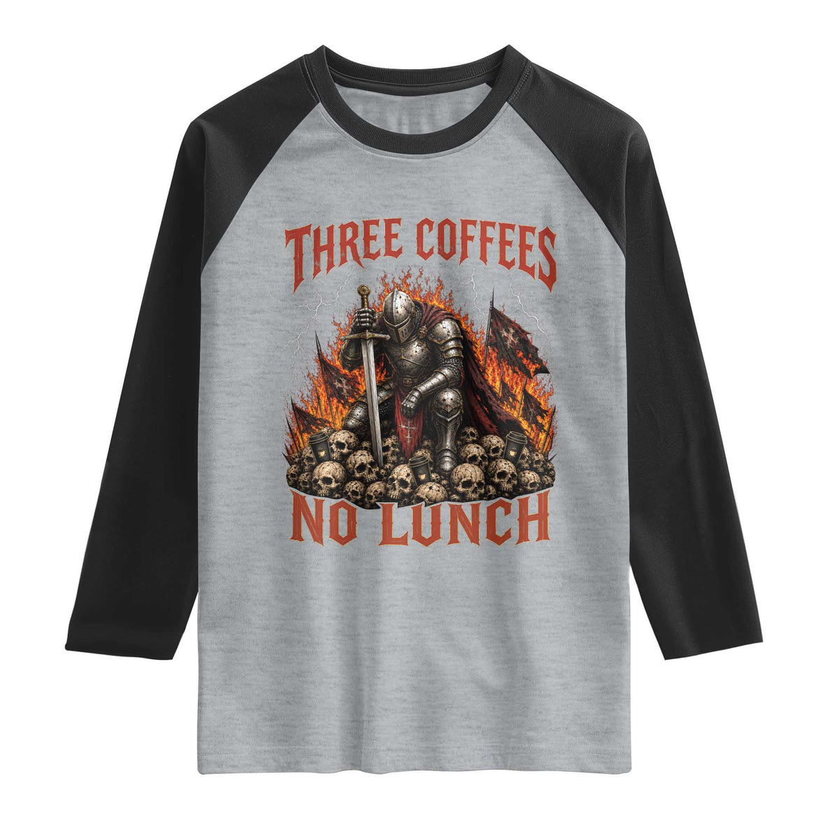 Three Coffees No Lunch Raglan Shirt Funny Medieval Knight Coffee Lover