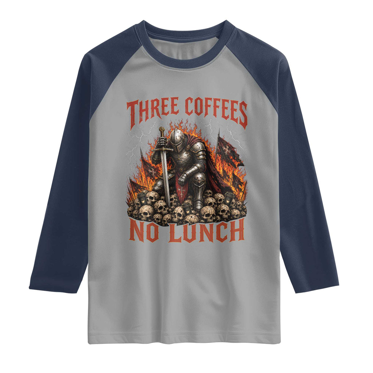 Three Coffees No Lunch Raglan Shirt Funny Medieval Knight Coffee Lover