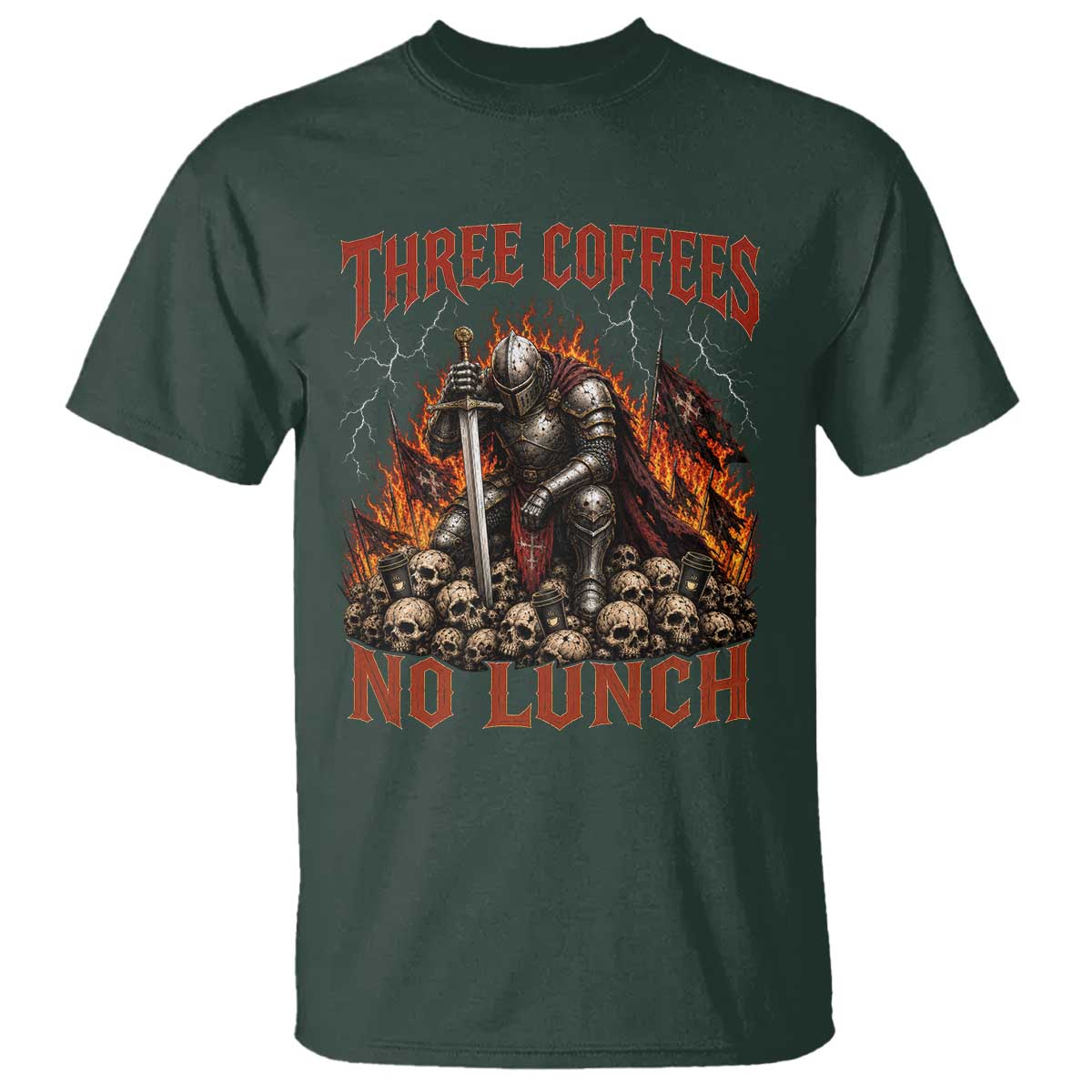 Three Coffees No Lunch T Shirt Funny Medieval Knight Coffee Lover