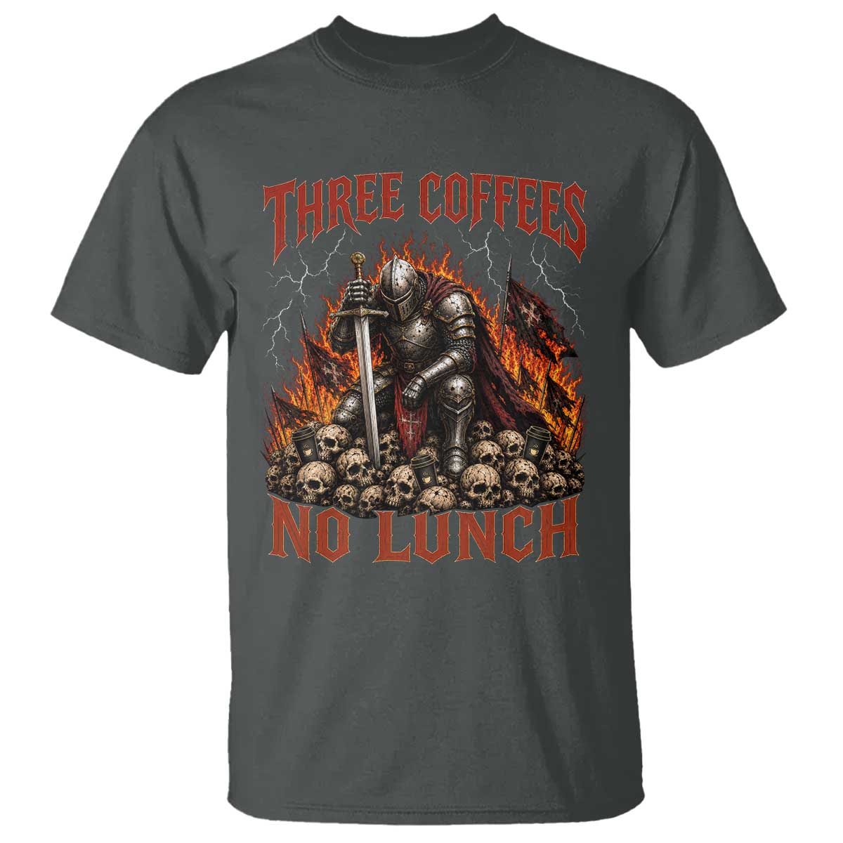 Three Coffees No Lunch T Shirt Funny Medieval Knight Coffee Lover