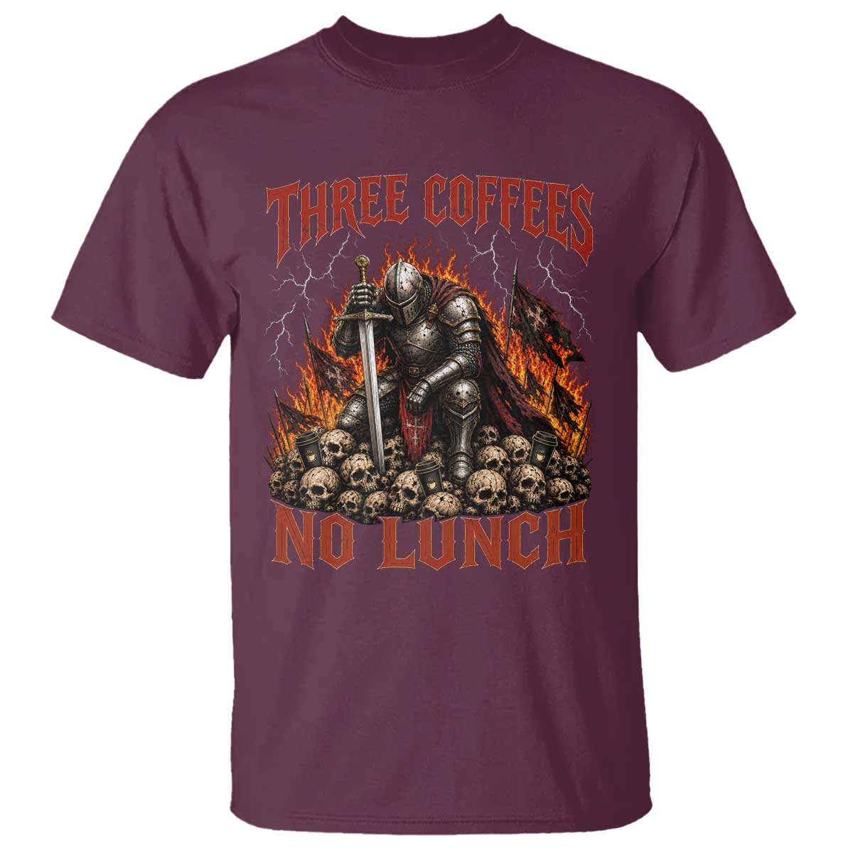 Three Coffees No Lunch T Shirt Funny Medieval Knight Coffee Lover