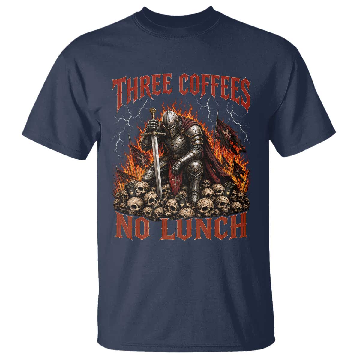 Three Coffees No Lunch T Shirt Funny Medieval Knight Coffee Lover