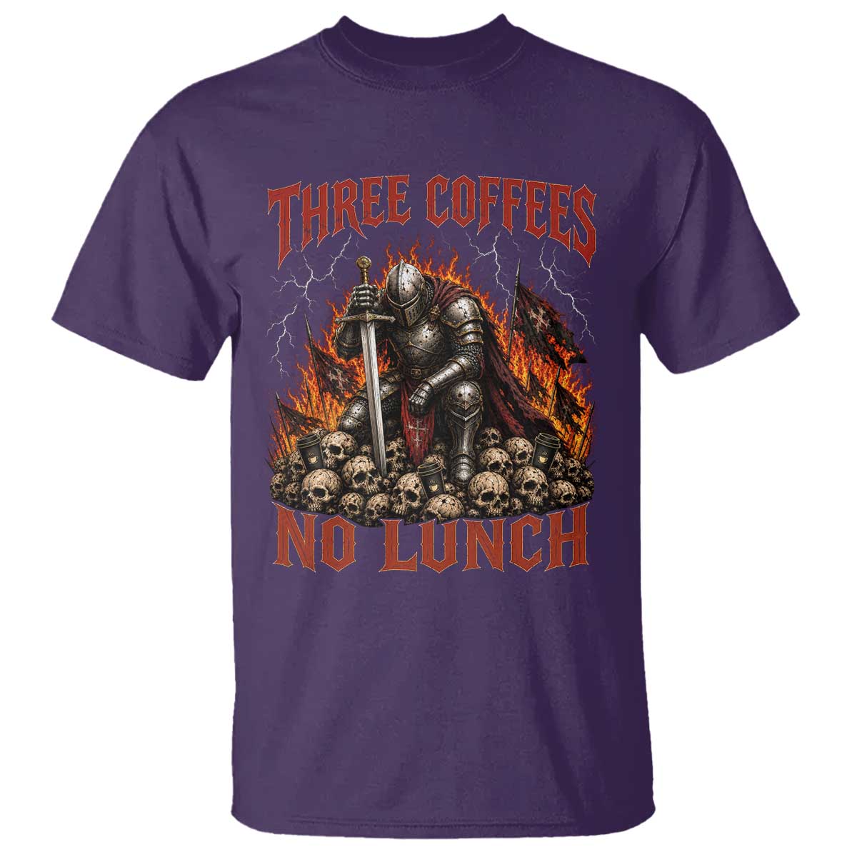 Three Coffees No Lunch T Shirt Funny Medieval Knight Coffee Lover