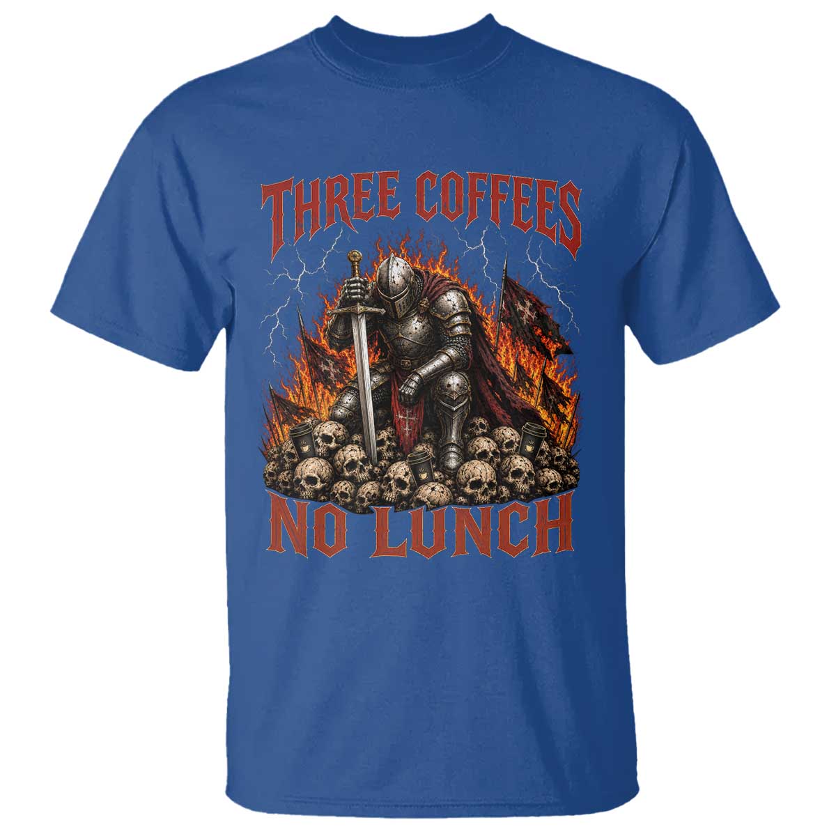 Three Coffees No Lunch T Shirt Funny Medieval Knight Coffee Lover