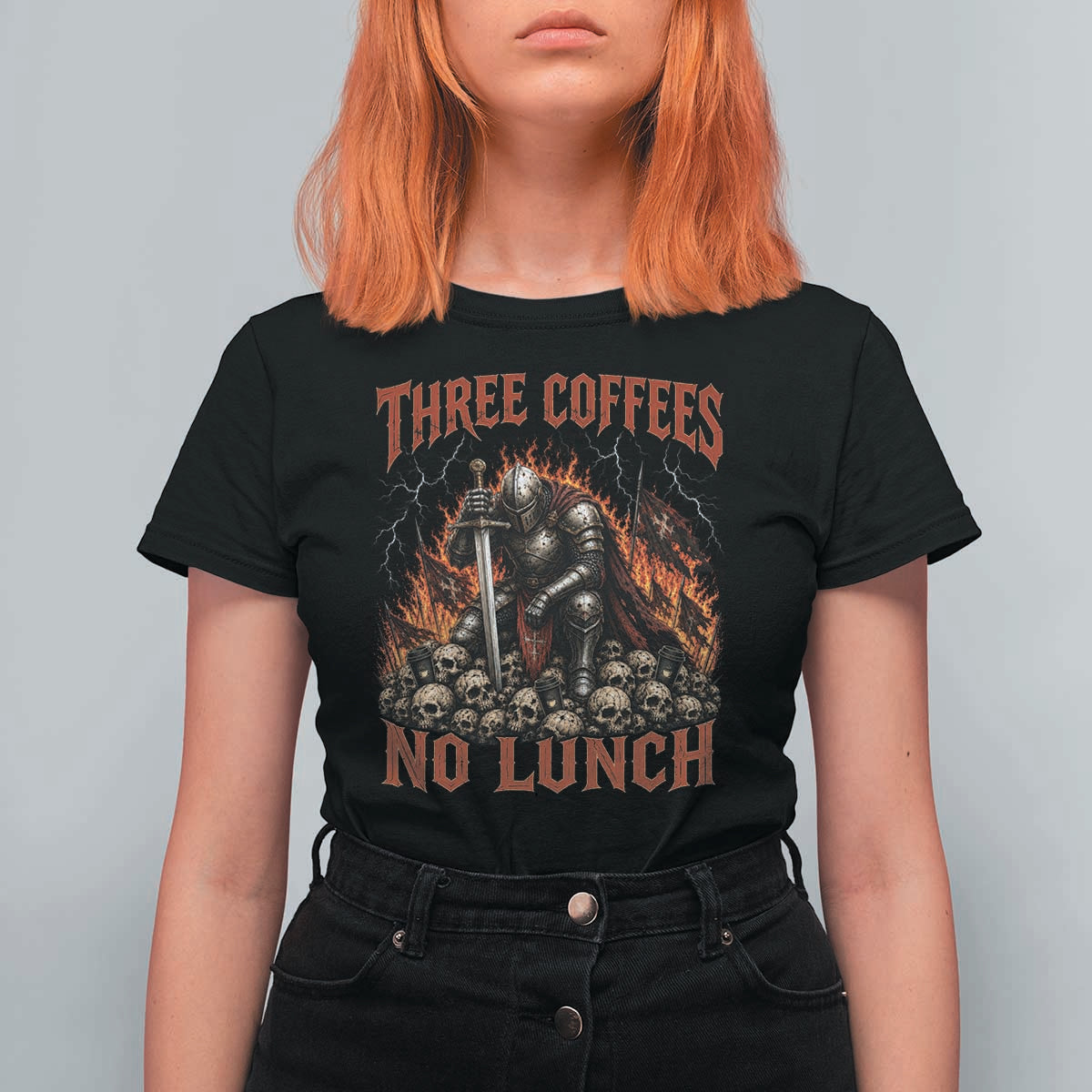 Three Coffees No Lunch T Shirt For Women Funny Medieval Knight Coffee Lover