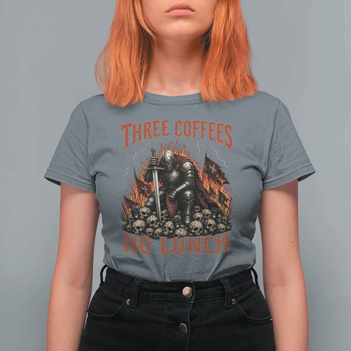 Three Coffees No Lunch T Shirt For Women Funny Medieval Knight Coffee Lover