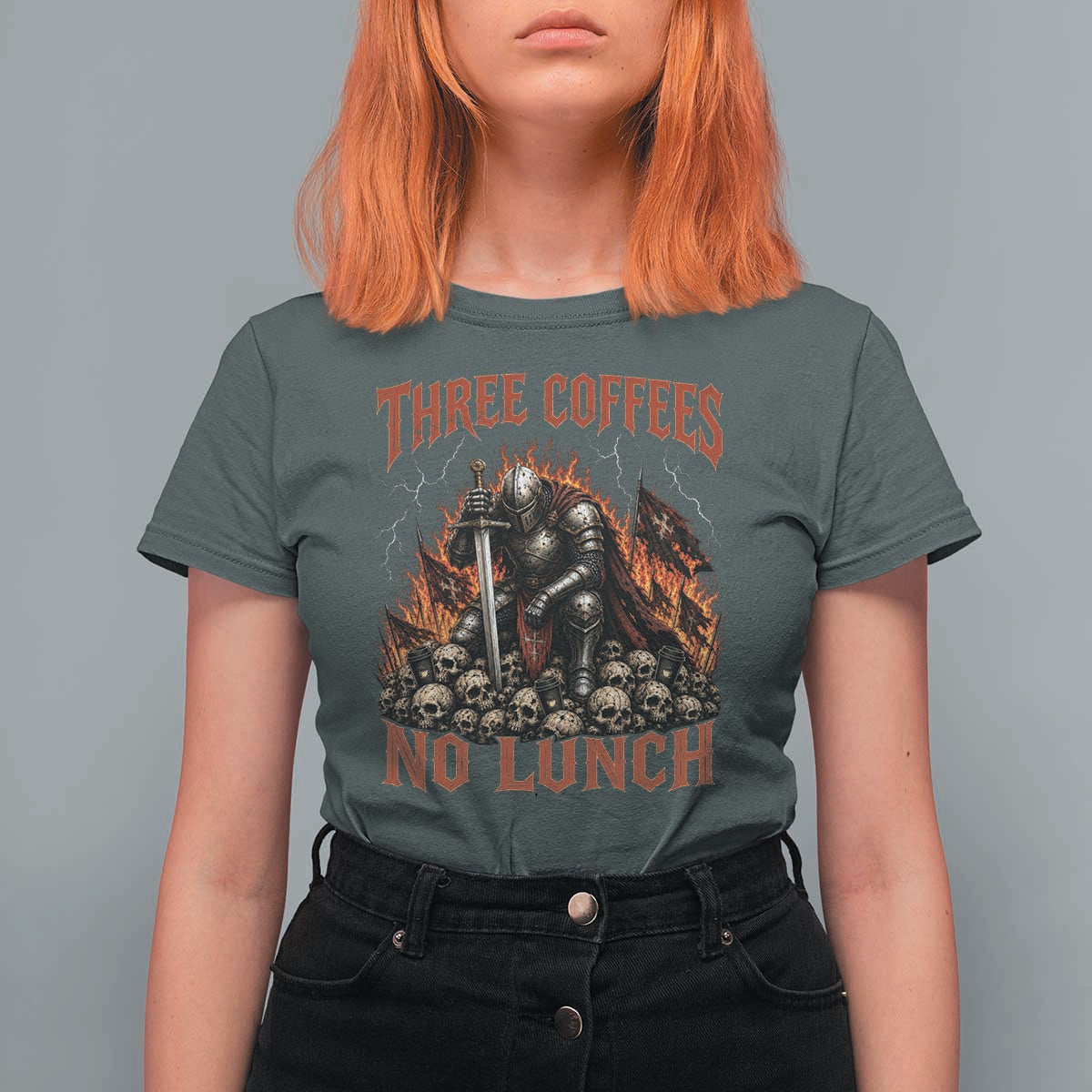 Three Coffees No Lunch T Shirt For Women Funny Medieval Knight Coffee Lover