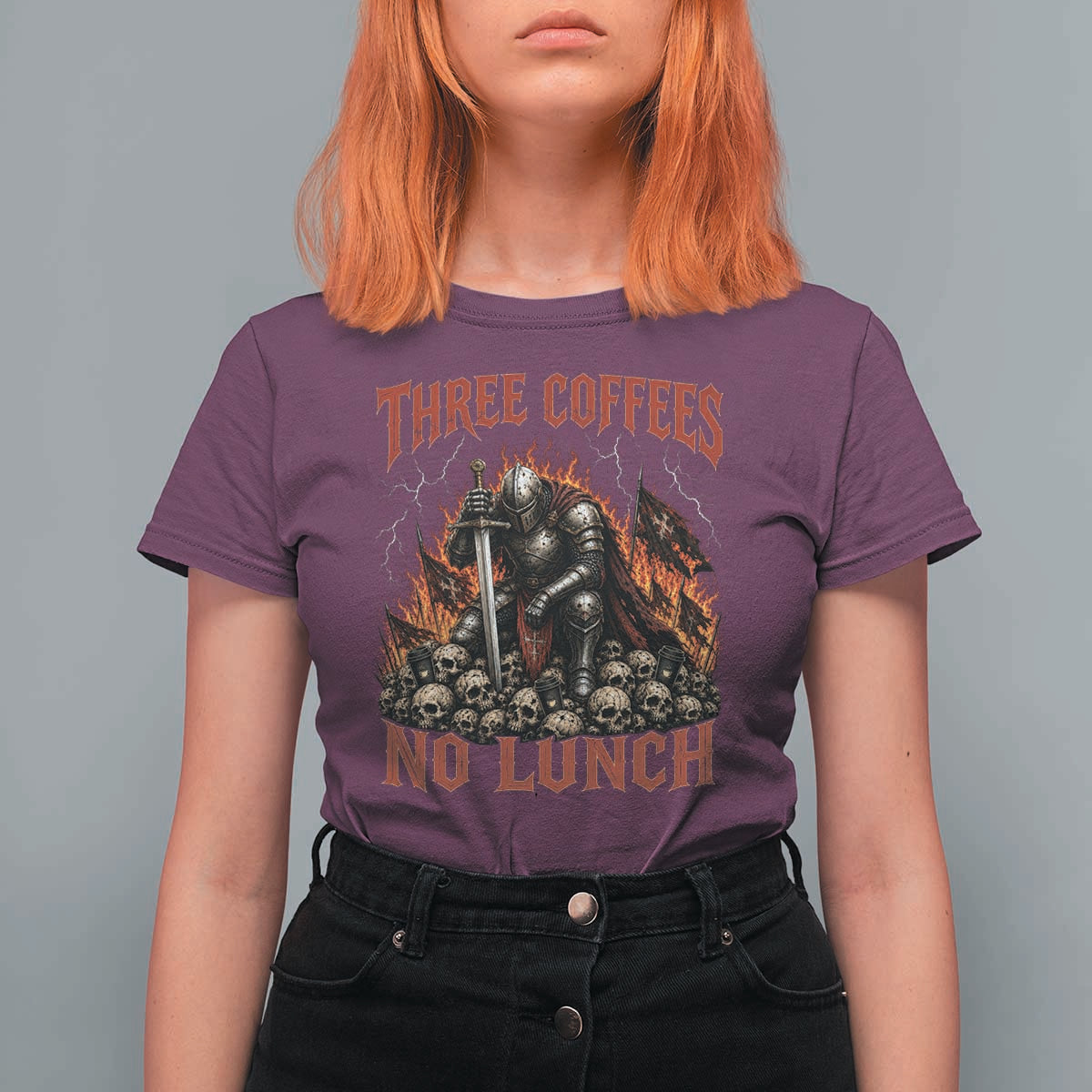 Three Coffees No Lunch T Shirt For Women Funny Medieval Knight Coffee Lover