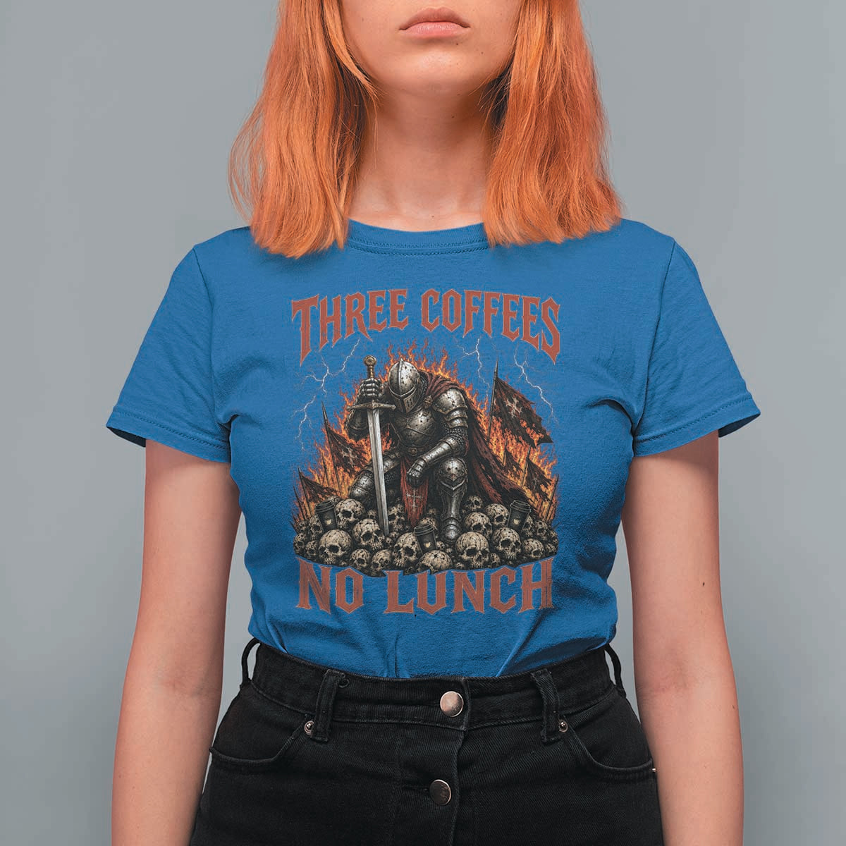 Three Coffees No Lunch T Shirt For Women Funny Medieval Knight Coffee Lover