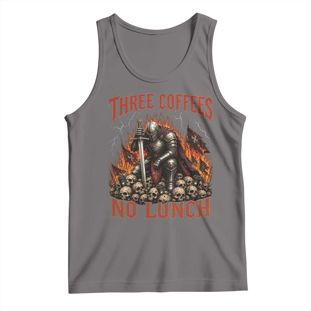 Three Coffees No Lunch Tank Top Funny Medieval Knight Coffee Lover