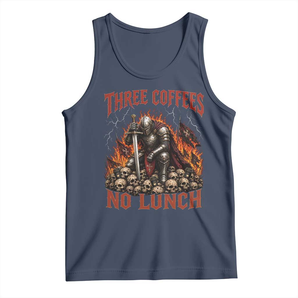Three Coffees No Lunch Tank Top Funny Medieval Knight Coffee Lover