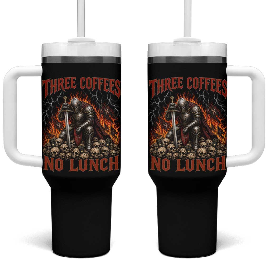 Three Coffees No Lunch Tumbler With Handle Funny Medieval Knight Coffee Lover