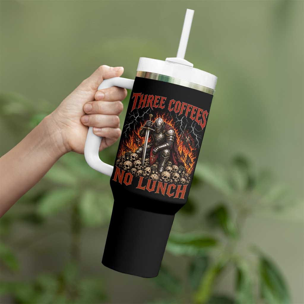 Three Coffees No Lunch Tumbler With Handle Funny Medieval Knight Coffee Lover
