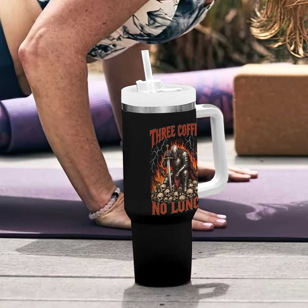 Three Coffees No Lunch Tumbler With Handle Funny Medieval Knight Coffee Lover