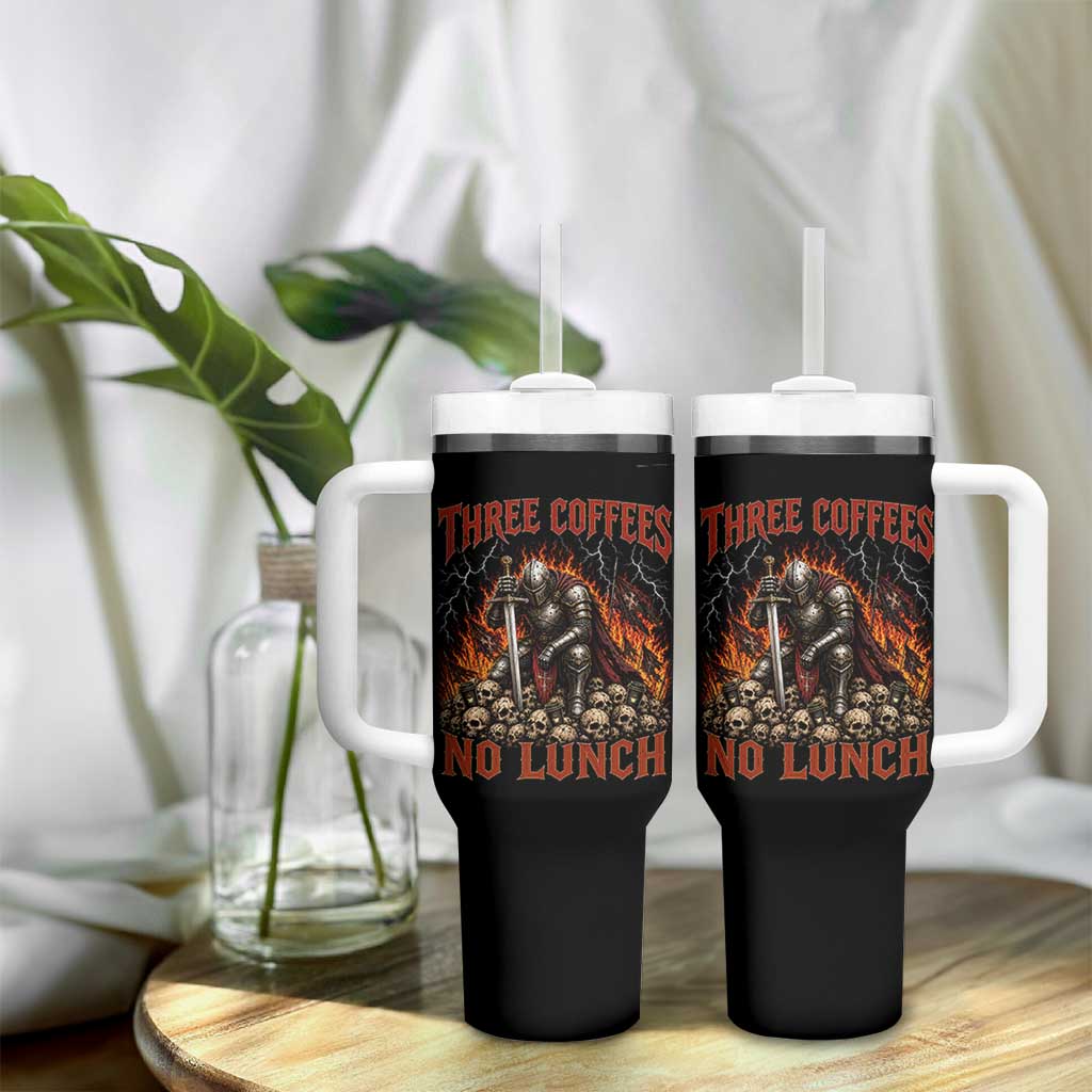 Three Coffees No Lunch Tumbler With Handle Funny Medieval Knight Coffee Lover