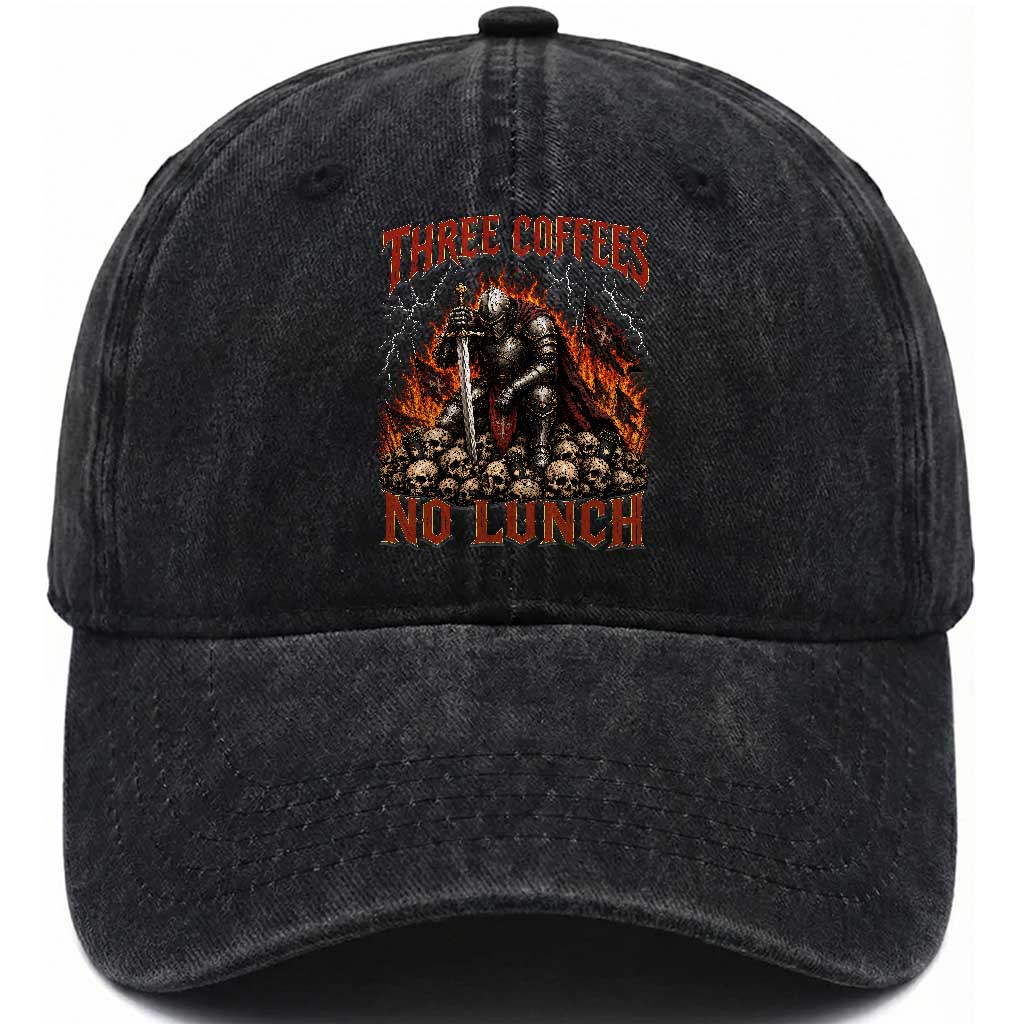 Three Coffees No Lunch Washed Cotton Baseball Cap Funny Medieval Knight Coffee Lover