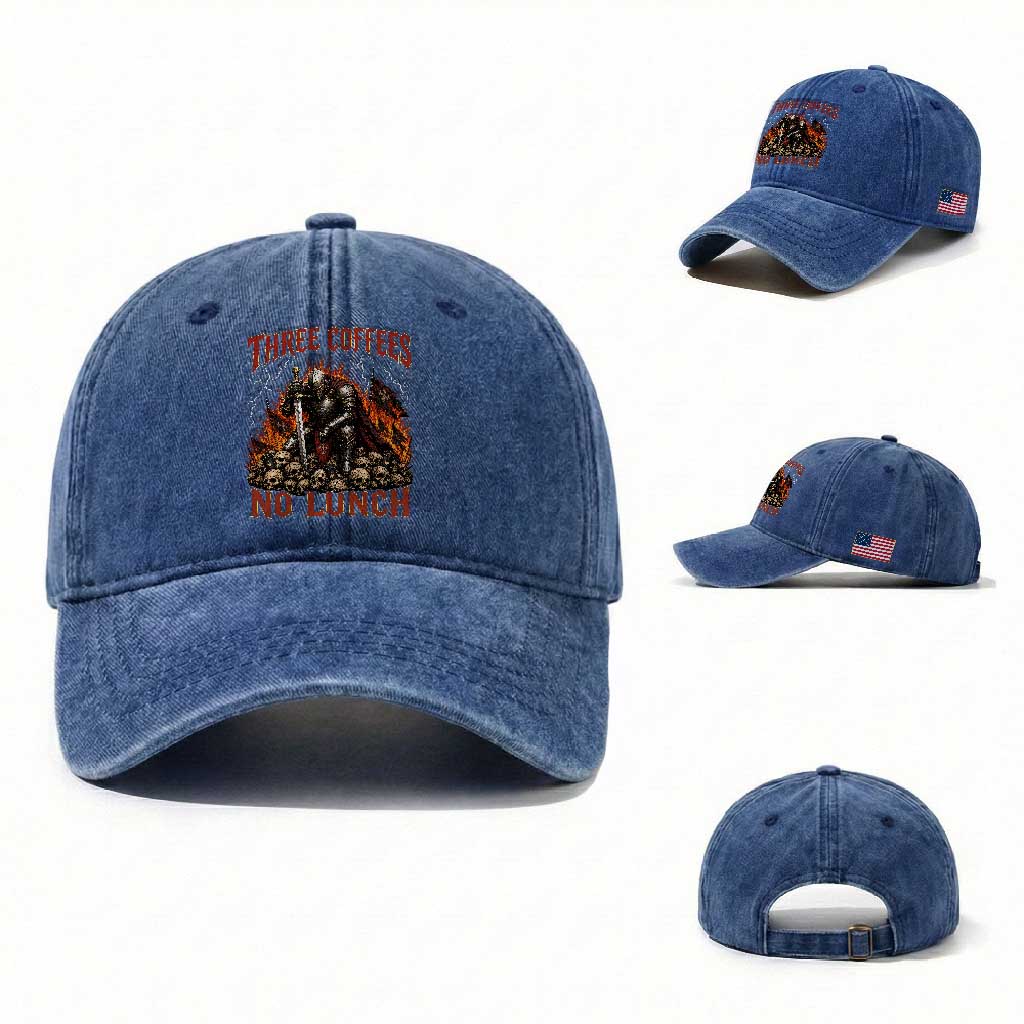 Three Coffees No Lunch Washed Cotton Baseball Cap Funny Medieval Knight Coffee Lover