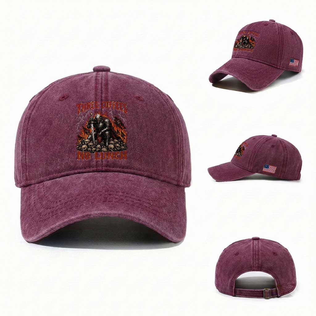 Three Coffees No Lunch Washed Cotton Baseball Cap Funny Medieval Knight Coffee Lover