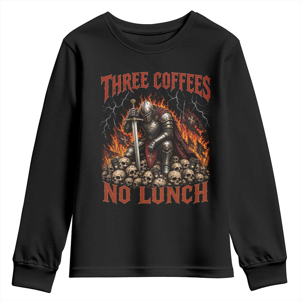 Three Coffees No Lunch Youth Sweatshirt Funny Medieval Knight Coffee Lover