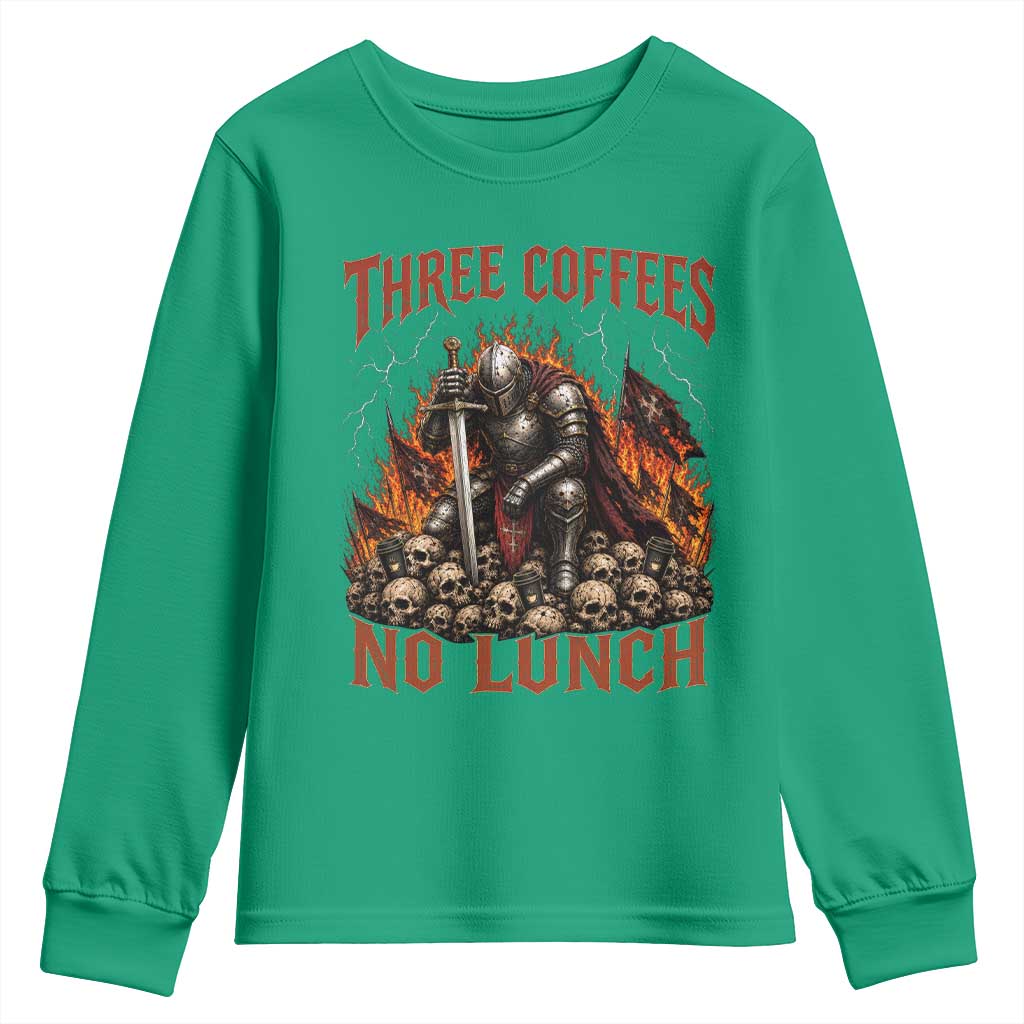Three Coffees No Lunch Youth Sweatshirt Funny Medieval Knight Coffee Lover