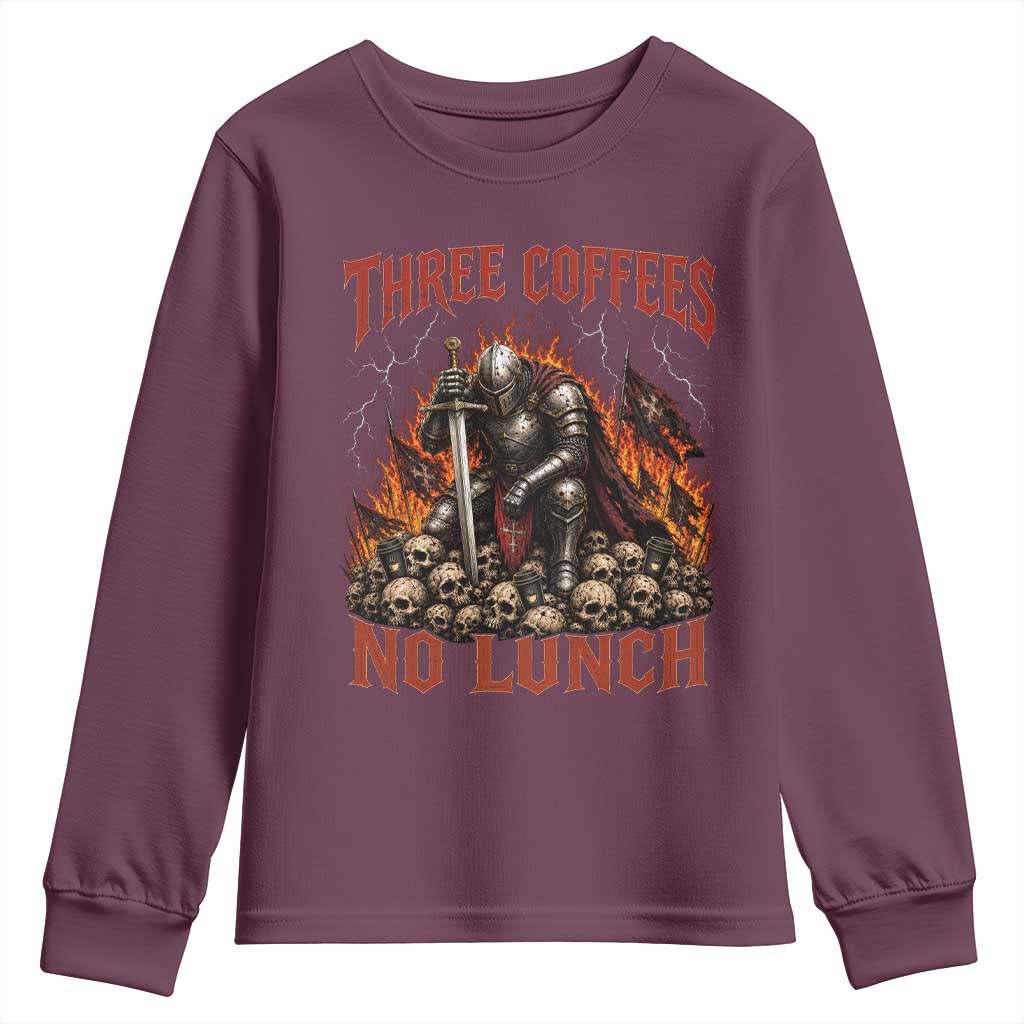 Three Coffees No Lunch Youth Sweatshirt Funny Medieval Knight Coffee Lover
