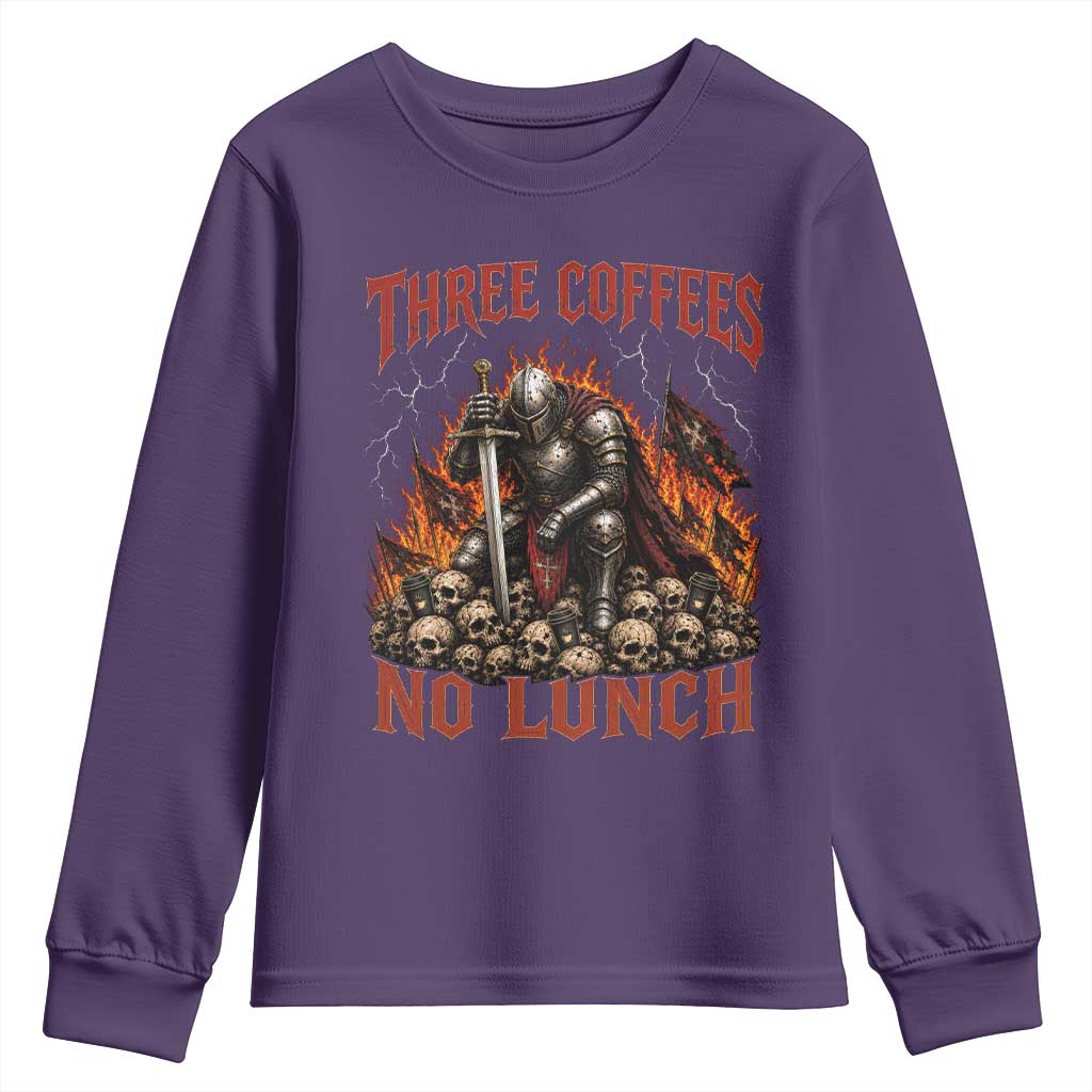 Three Coffees No Lunch Youth Sweatshirt Funny Medieval Knight Coffee Lover