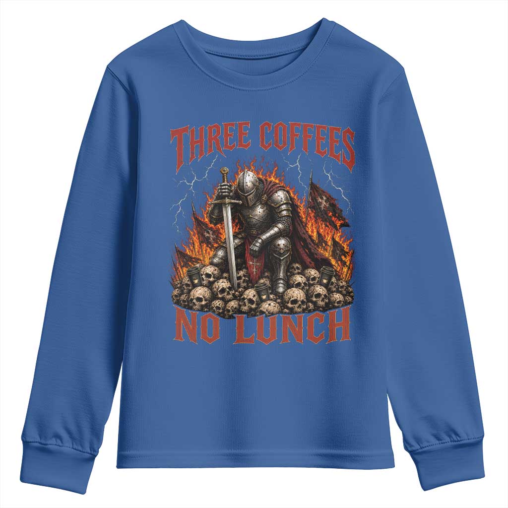 Three Coffees No Lunch Youth Sweatshirt Funny Medieval Knight Coffee Lover