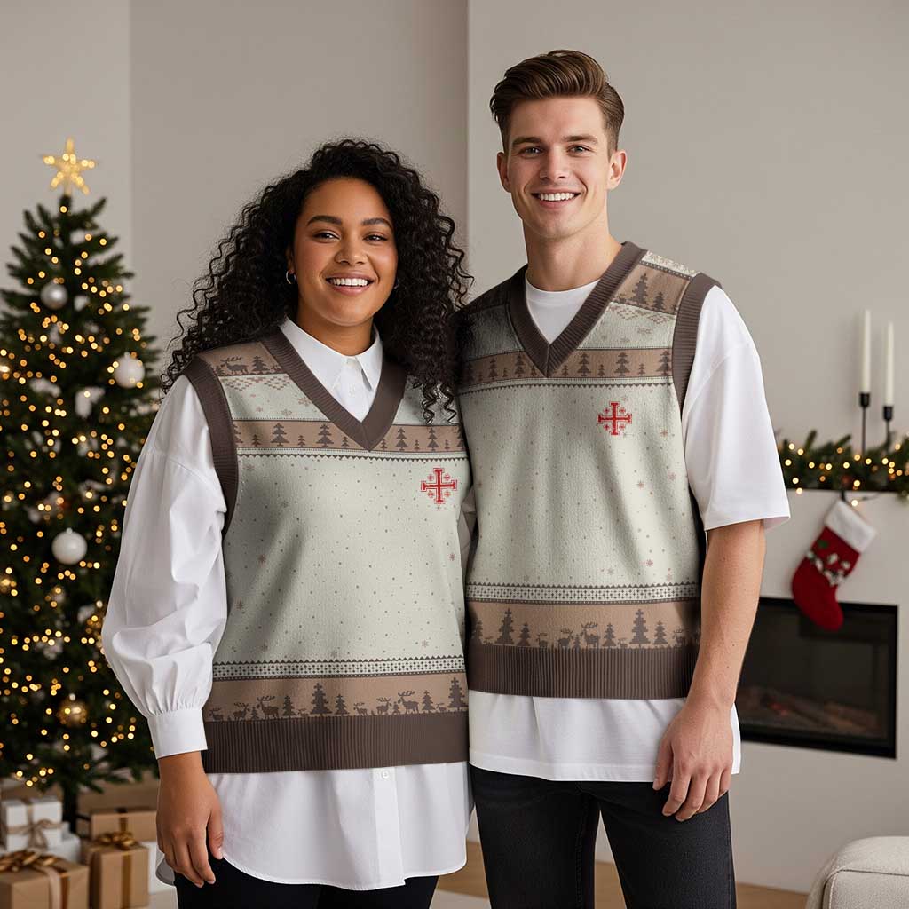Vintage Catholic Knight Templar Jerusalem Cross V-Neck Knit Sweater Vest