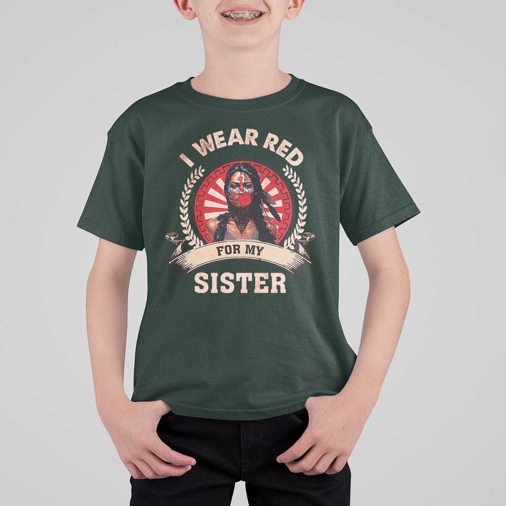 Native American Women T Shirt For Kid I Wear Red For My Sister Stop MMIW Hand - Wonder Print Shop