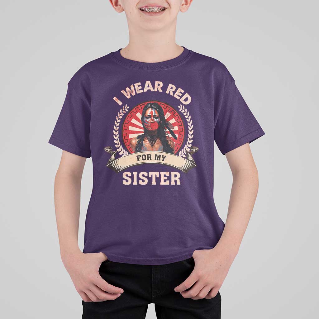 Native American Women T Shirt For Kid I Wear Red For My Sister Stop MMIW Hand - Wonder Print Shop