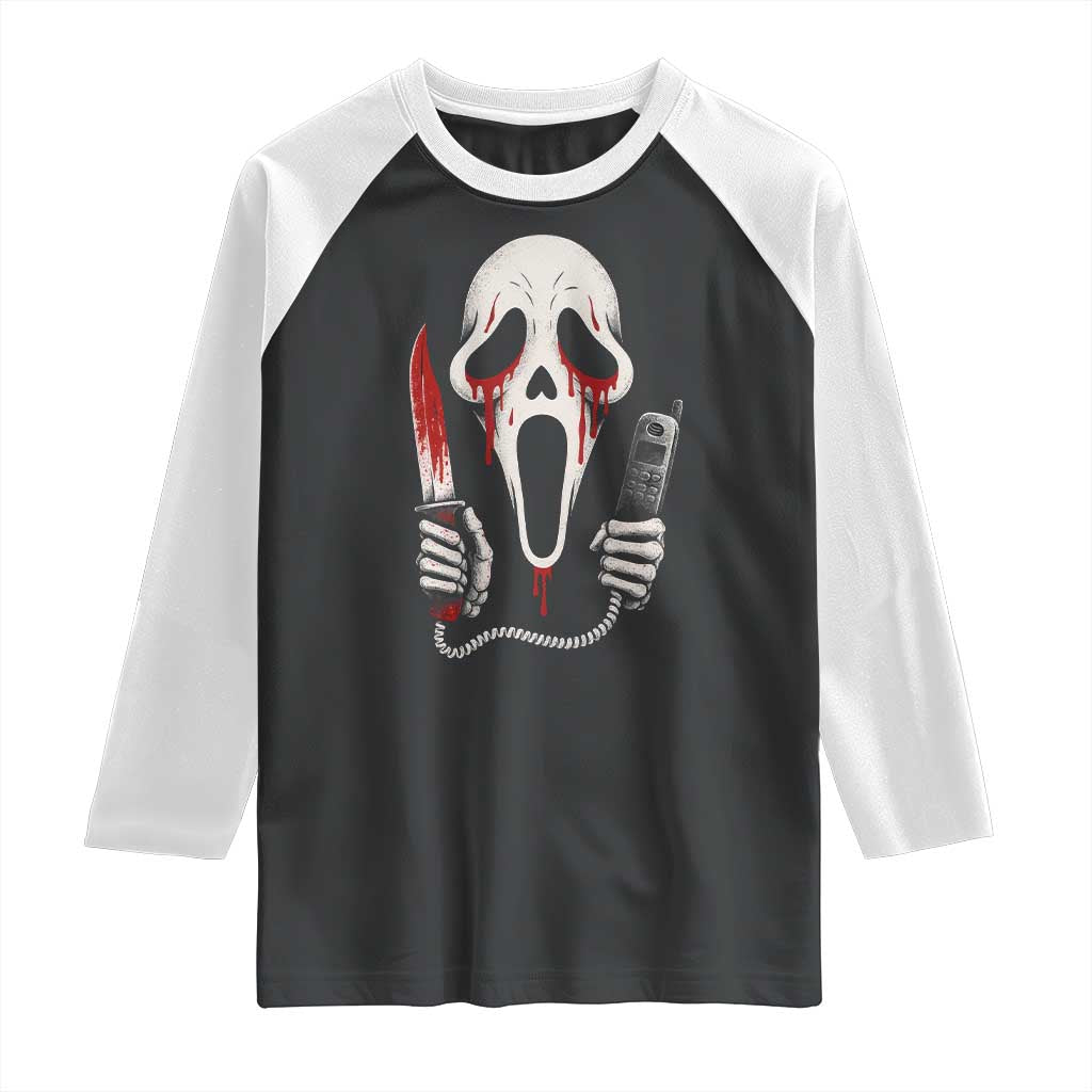 Funny Halloween Scary Face Ghost Raglan Shirt Horror Slasher Bloody Knife - Wonder Print Shop