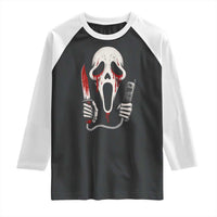 Funny Halloween Scary Face Ghost Raglan Shirt Horror Slasher Bloody Knife - Wonder Print Shop