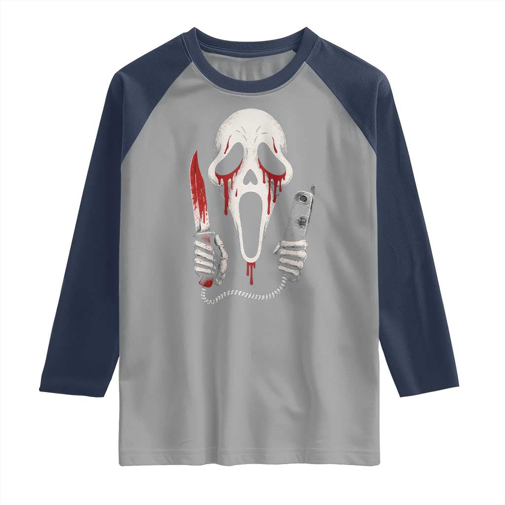 Funny Halloween Scary Face Ghost Raglan Shirt Horror Slasher Bloody Knife - Wonder Print Shop