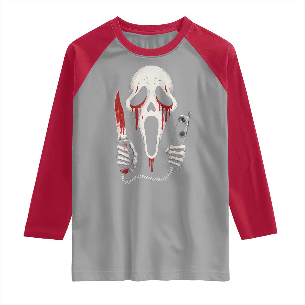 Funny Halloween Scary Face Ghost Raglan Shirt Horror Slasher Bloody Knife - Wonder Print Shop