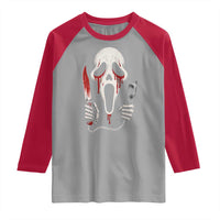 Funny Halloween Scary Face Ghost Raglan Shirt Horror Slasher Bloody Knife - Wonder Print Shop