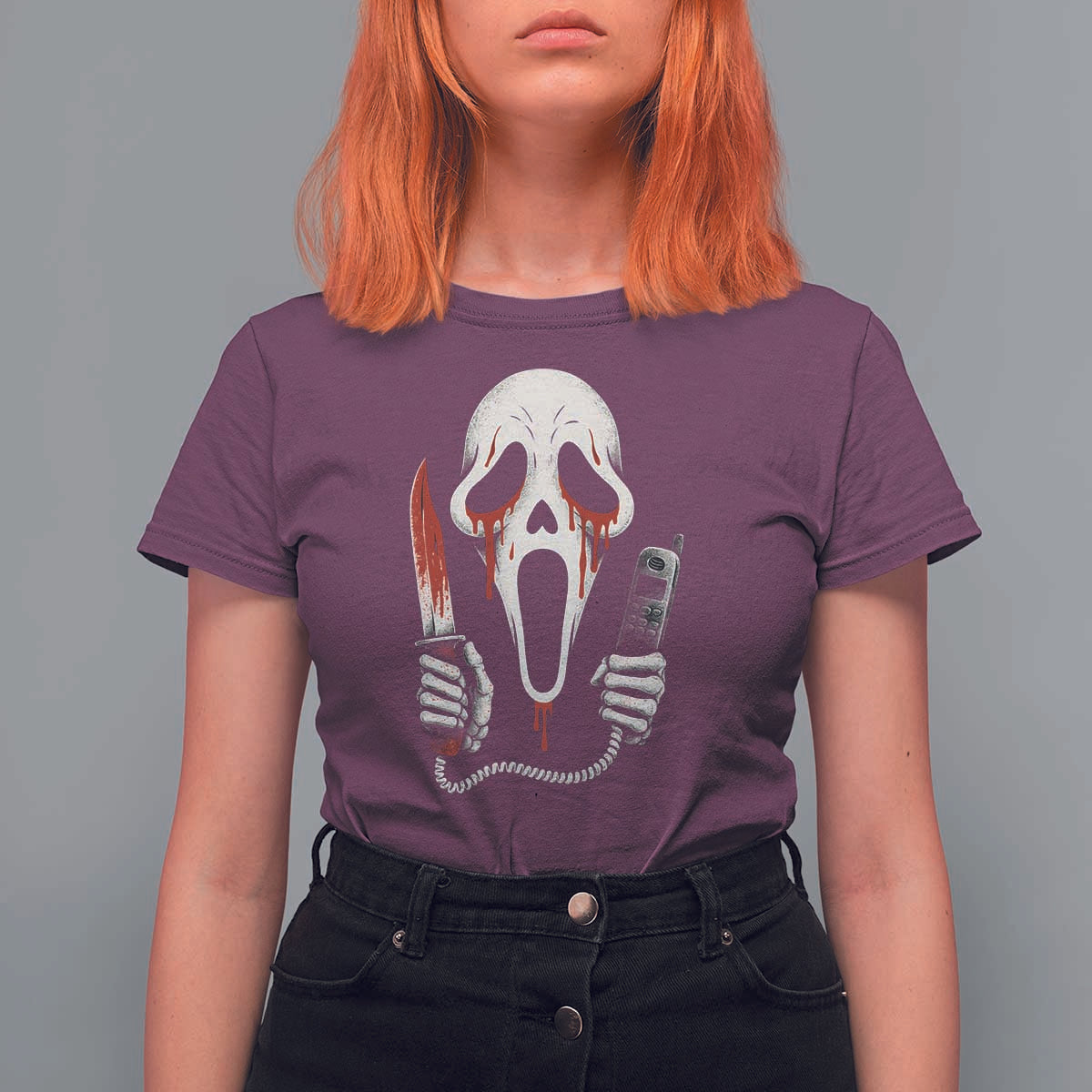 Funny Halloween Scary Face Ghost T Shirt For Women Horror Slasher Bloody Knife - Wonder Print Shop