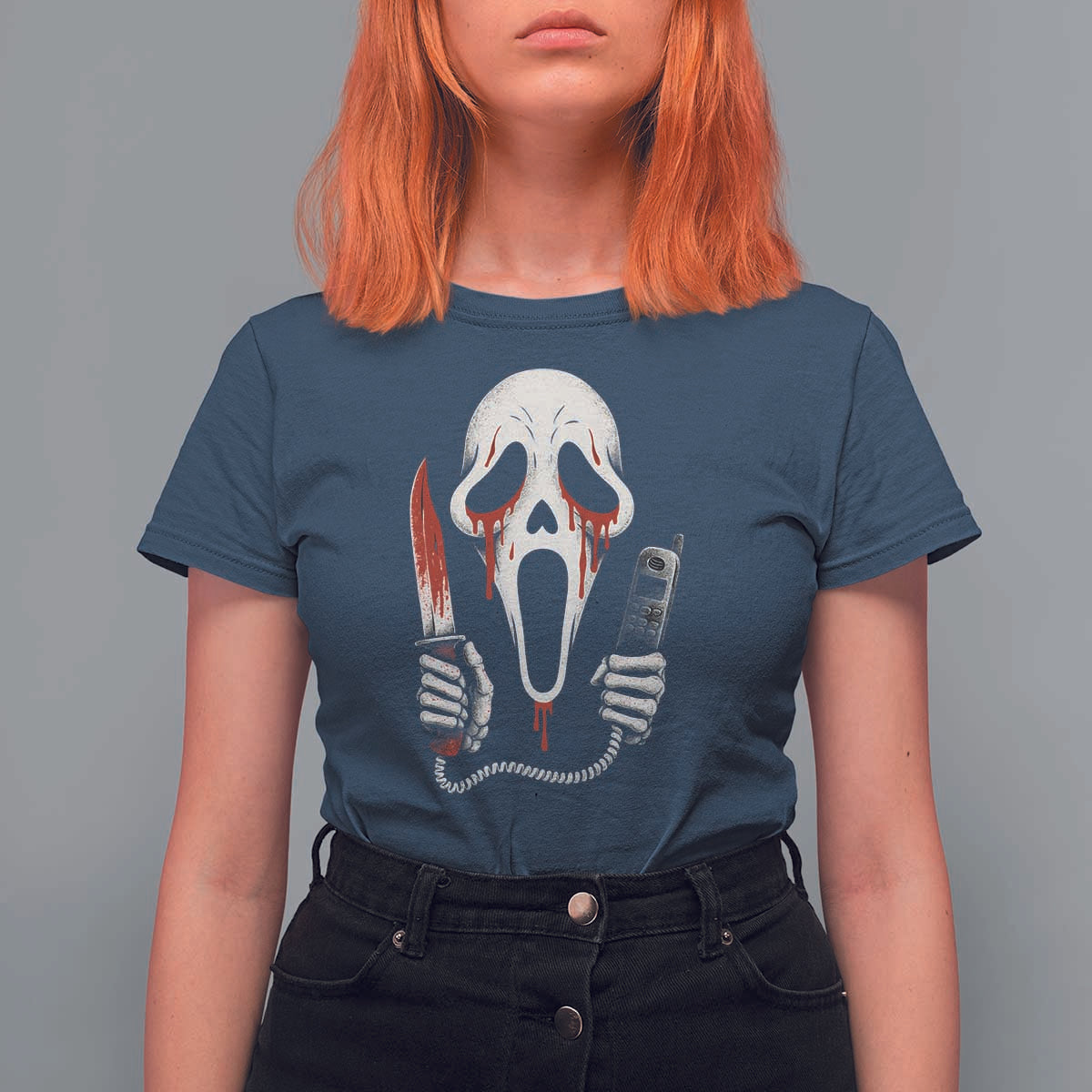 Funny Halloween Scary Face Ghost T Shirt For Women Horror Slasher Bloody Knife - Wonder Print Shop