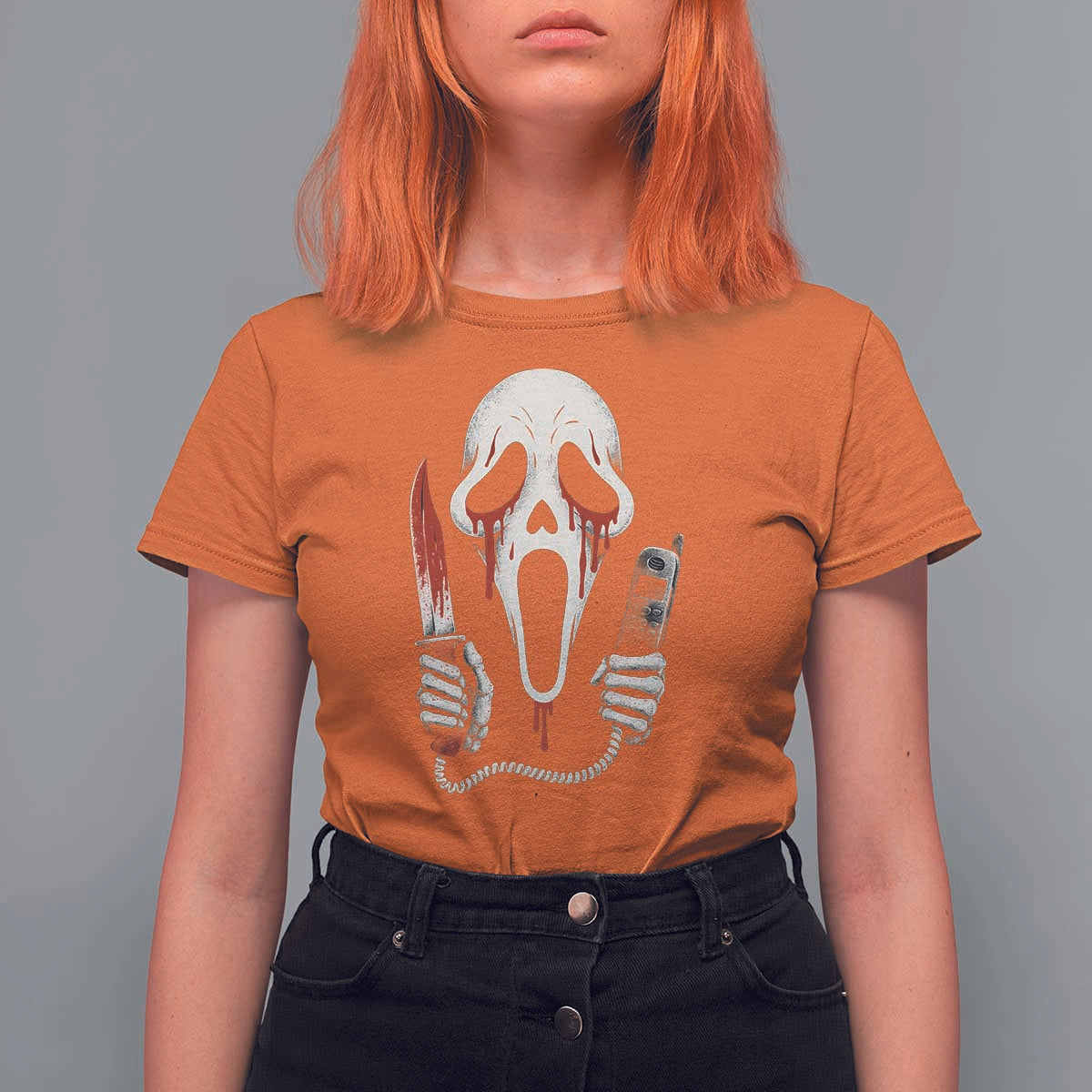 Funny Halloween Scary Face Ghost T Shirt For Women Horror Slasher Bloody Knife - Wonder Print Shop