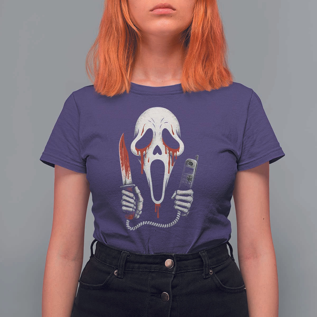 Funny Halloween Scary Face Ghost T Shirt For Women Horror Slasher Bloody Knife - Wonder Print Shop